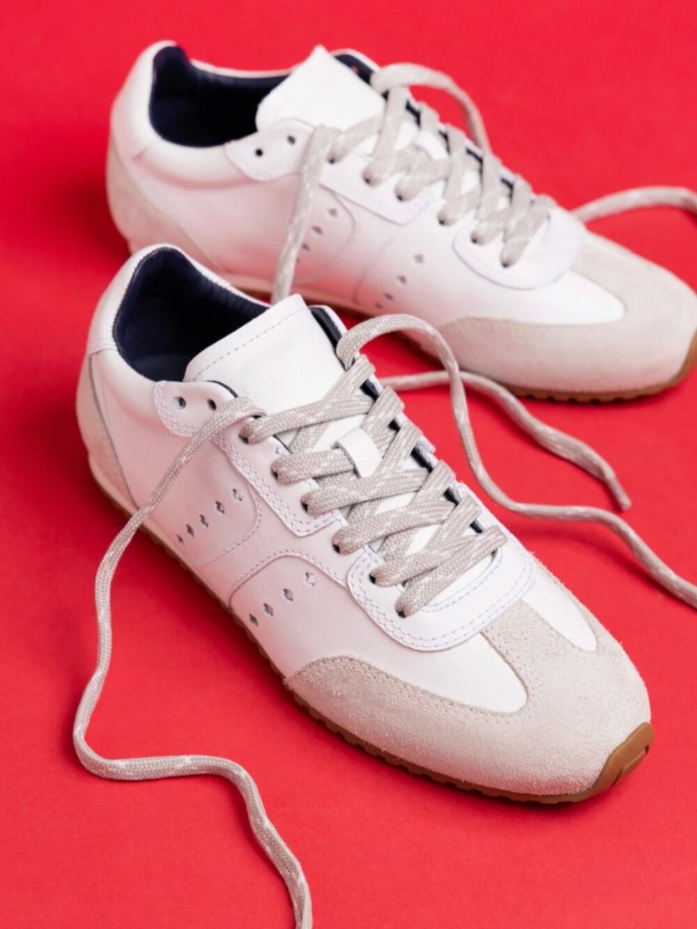 Larroudé Stella Sneakers in White Leather + Mushroom Grey Suede, Size 6 NEW